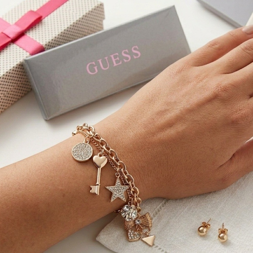 Guess Gold Tone Charm Bracelet Earrings‎ Set Y2K McBling Rhinestone Glam Gift